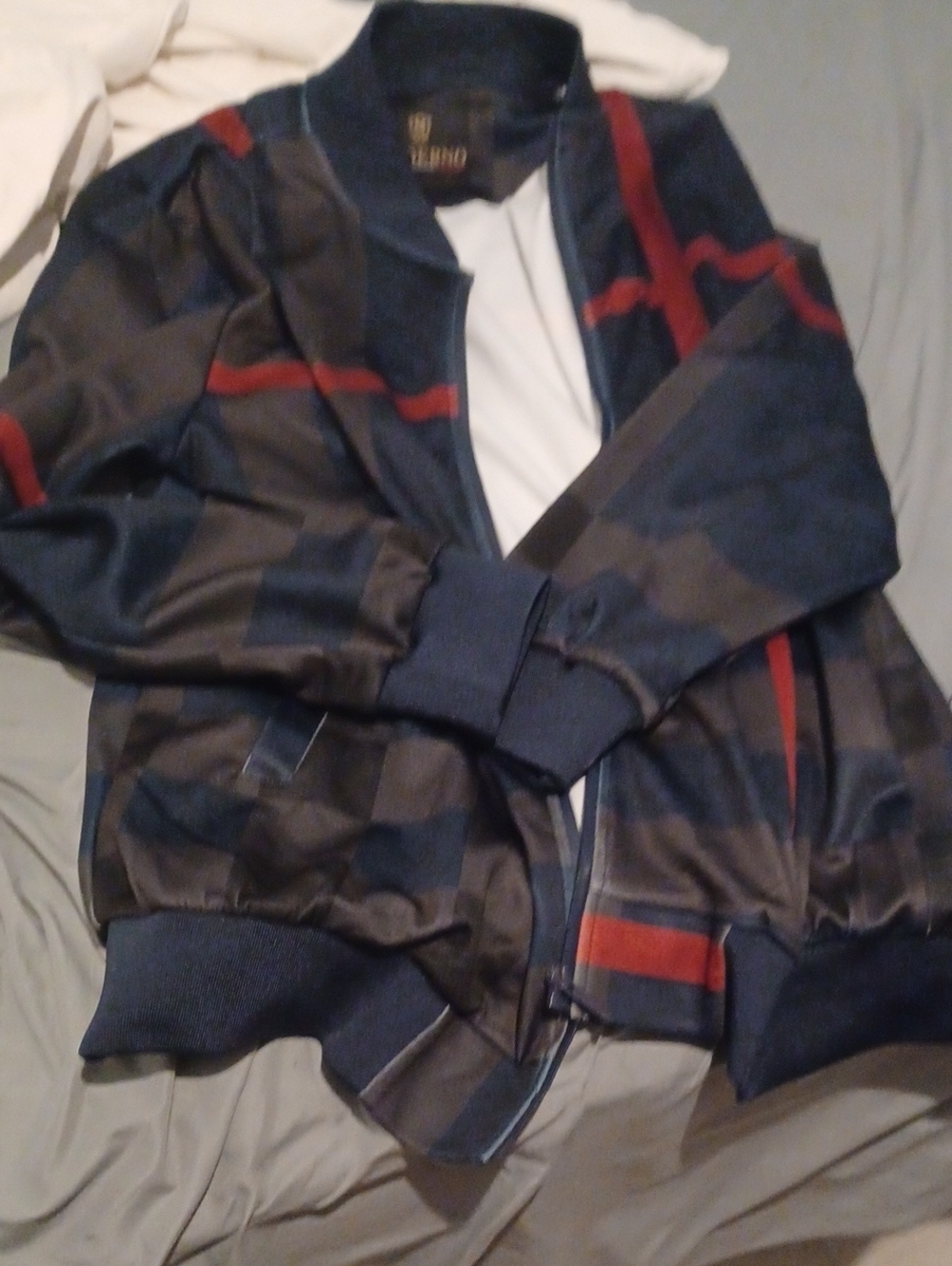 Men's Navy Bomber Jacket with Red Stripe